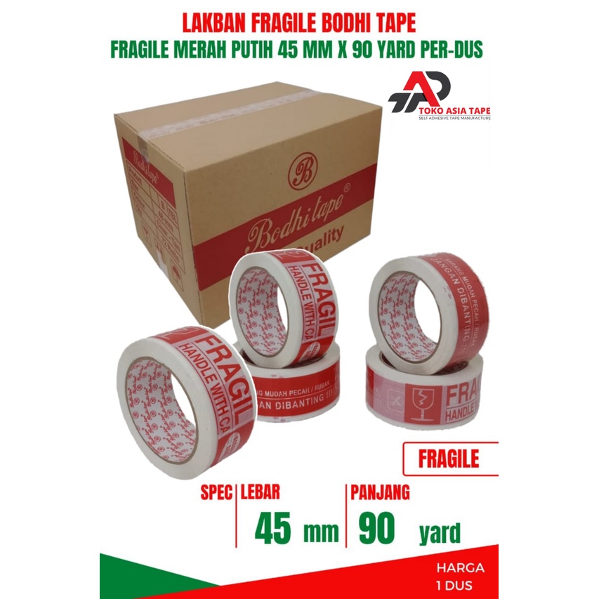 Jual LAKBAN PACKING FRAGILE MERAH PUTIH 45MM X 90YARD BODHI TAPE 1 DUS ...