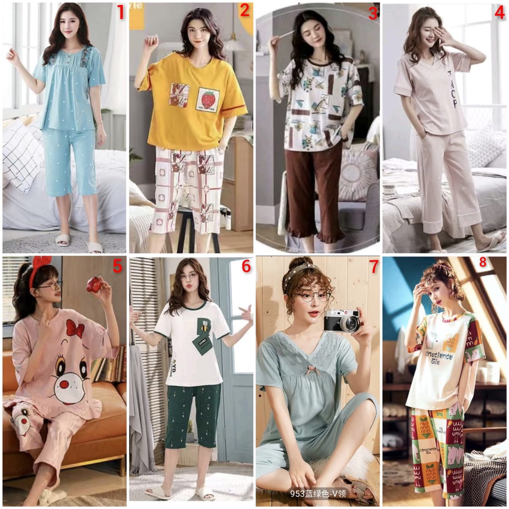 Jual baju tidur piyama lengan pendek celana tujuh perdelapan | Shopee