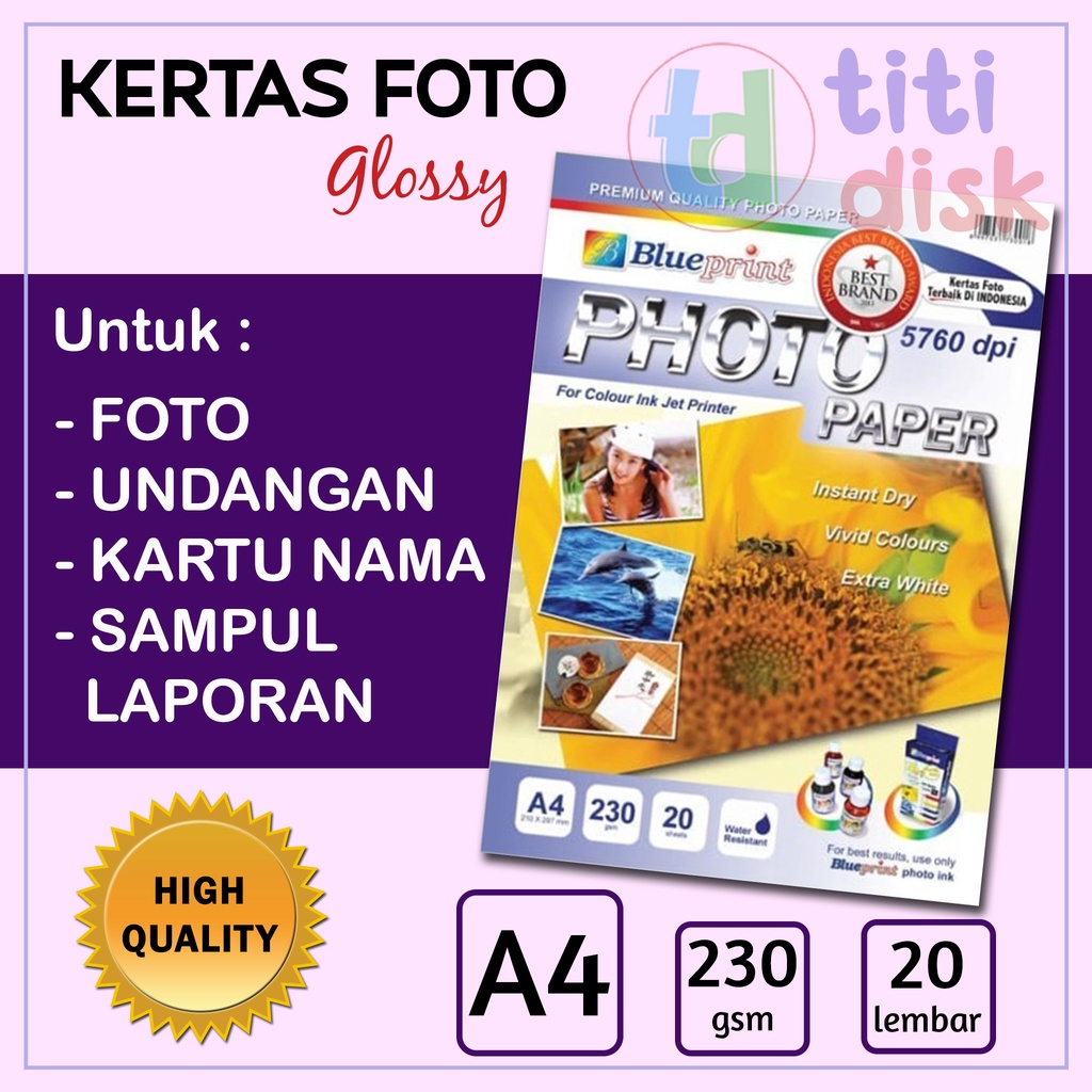 Jual Kertas Foto A4 Blueprint Glossy Photo Paper 230 Micron 20 Lembar