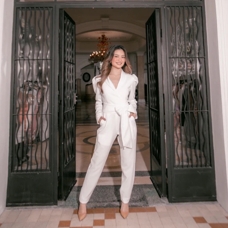 Jual CECILIA PANTSUIT Jumpsuit wanita v neck puff sleeves long
