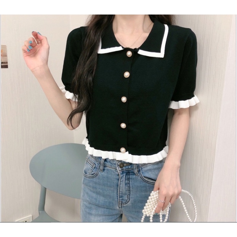 Jual Sweater cardigan import knit rajut crop pearl button lengan pendek ...