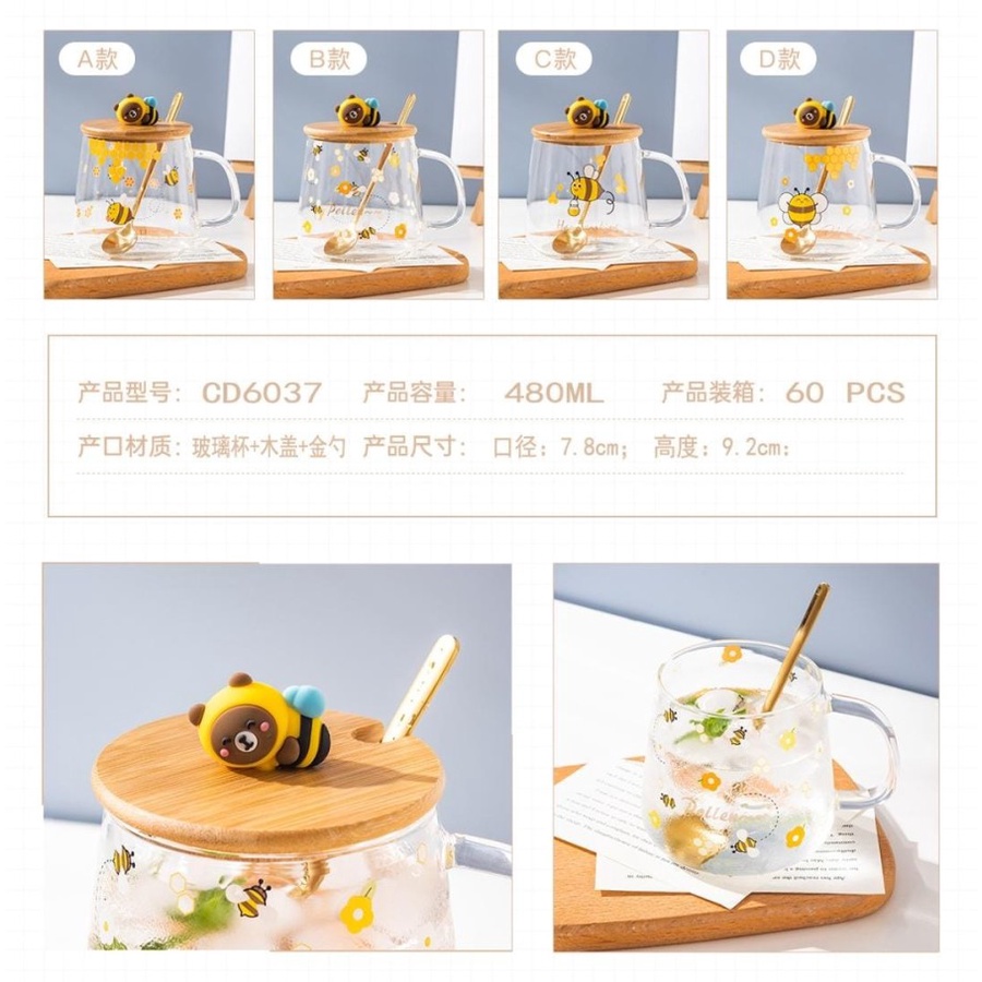 Jual Cangkir Teh Kaca Gelas Minum Susu Bee Pollen Mug Kopi Tutup Kayu ...
