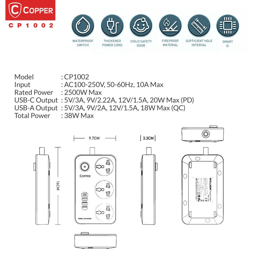 Jual COPPER Power Socket CP1002 USB PD 20W + QC 3.0 Fast Charging ...