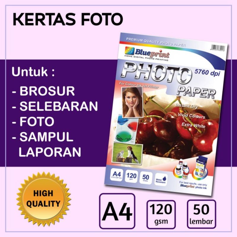 Jual Kertas Foto Blueprint 120 Gsm Glossy A4 Isi 50 Sheet | Shopee ...