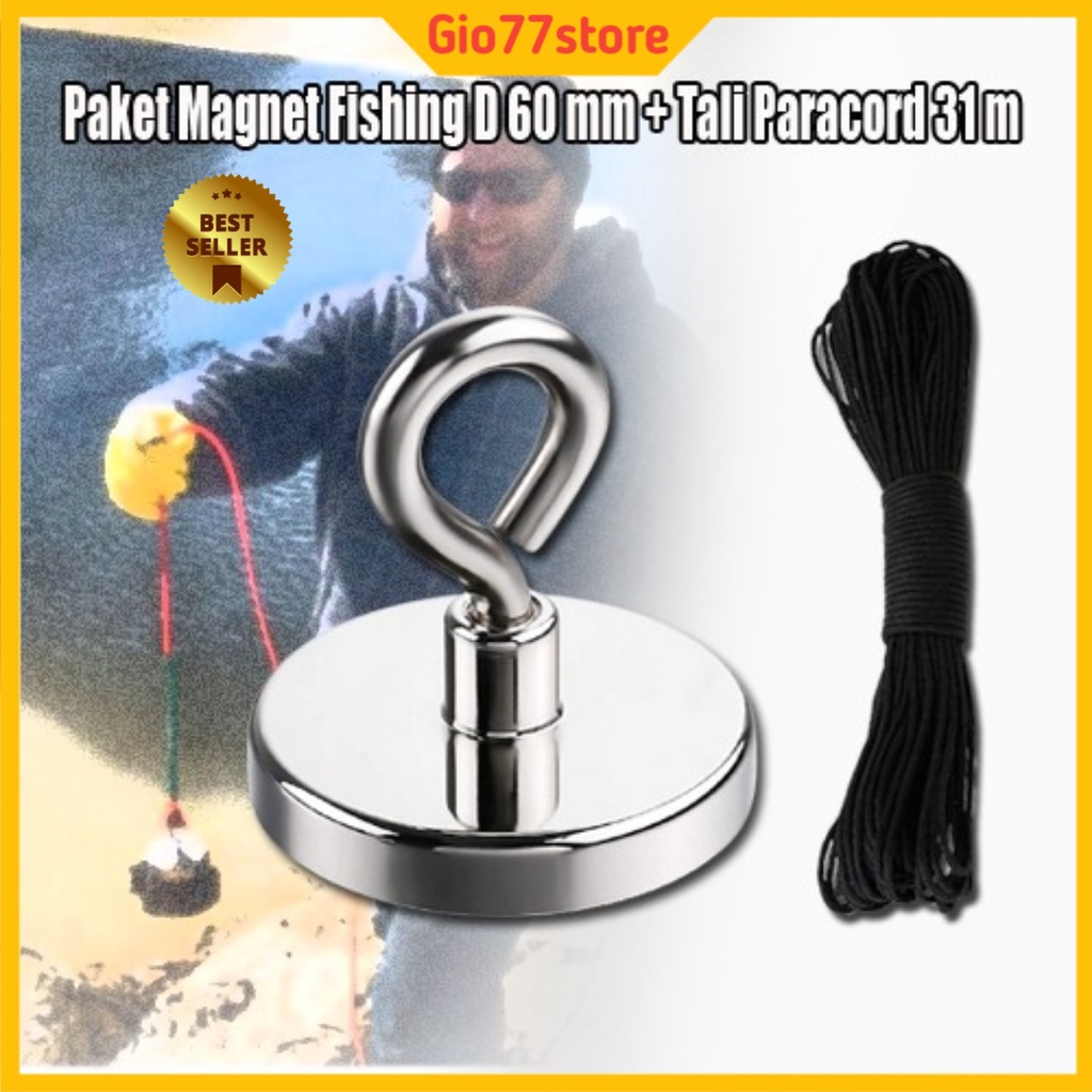 Paket Magnet Fishing D60mm Magnet Pancing Magnet Memancing Mancing  Neodymium Plus Tali Paracord 31 m -Gio77