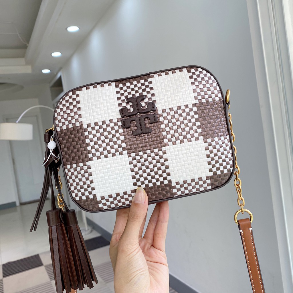 Tory burch mcgraw plaid camera clearance bag