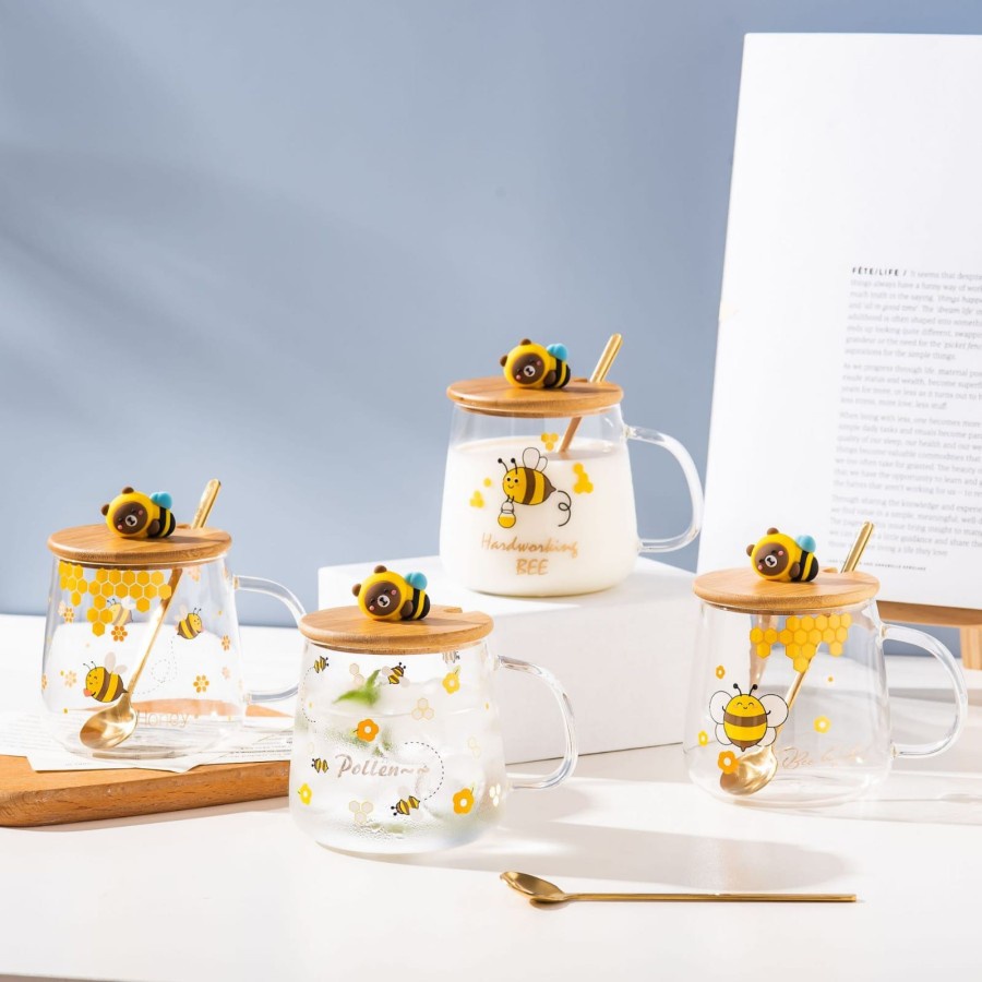 Jual Cangkir Teh Kaca Gelas Minum Susu Bee Pollen Mug Kopi Tutup Kayu ...