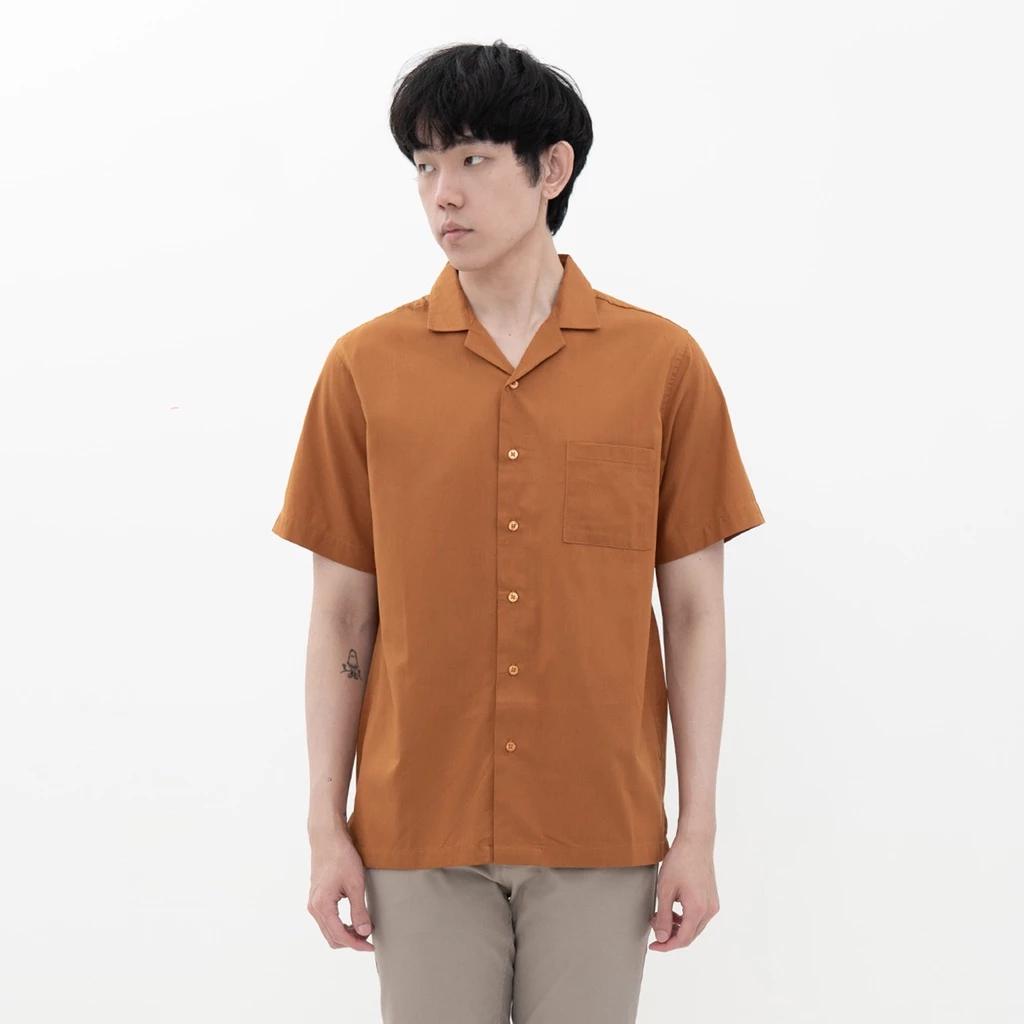 M231 Kemeja Pria Basic Polos Hawaii Oversized Pendek Mustard 2190H
