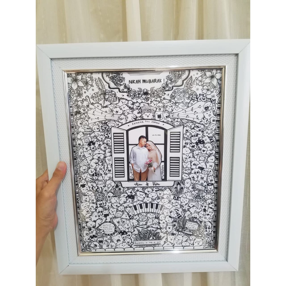 Jual DOODLE ART WEDDING CUSTOM VARIASI FOTO, FRAME LINEN MINIMALIS