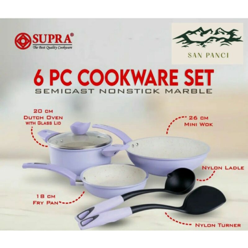 Jual Baru Supra Panci 6 Pcs Cookware Set Semicast Nonstick Ivory Marble ...