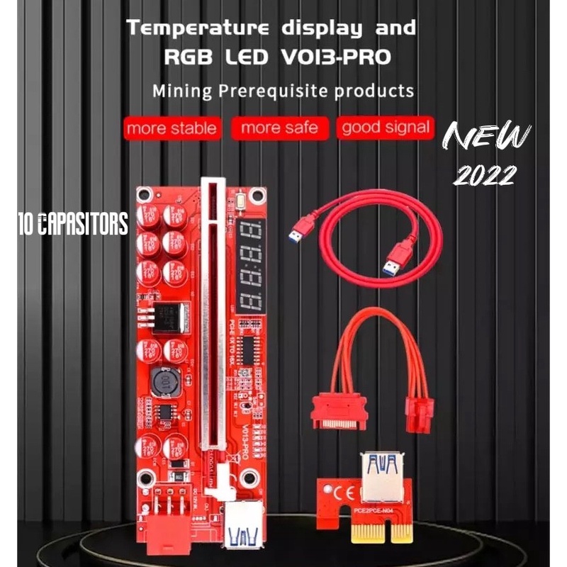 V013 PCI-E Riser Pro Card Slot – Volt & Temp Display For GPU Mining (10-Pack)