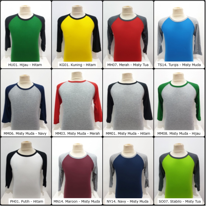Jual Kaos Raglan Polos Soft Premium PE Lengan 3Per4 Badan Warna ...