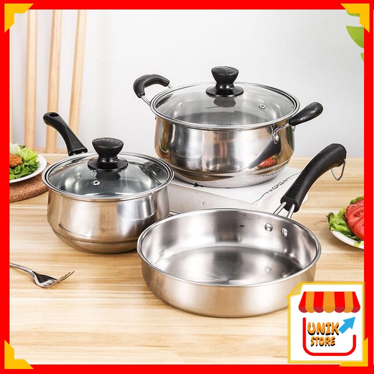 Jual Unik - H849 Panci Set 3 in 1 / Panci Stainless Steel / Pan Set ...