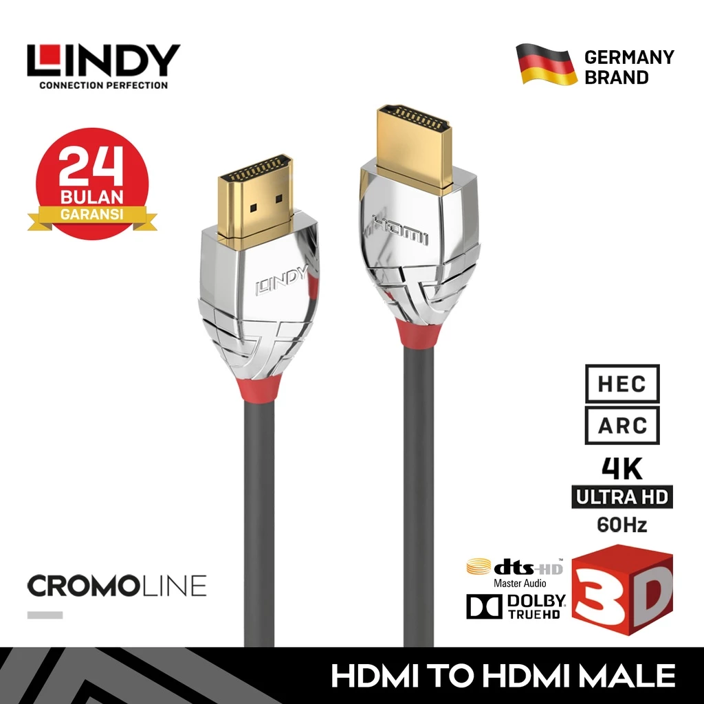 LINDY Kabel HDMI 2.0 10M Kabel Hdmi to Hdmi Male to Male Standard 4K 60hz Kabel Hdmi PS4 Tv Monitor Cromo Cable 37876