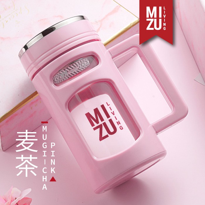 Jual Mizu Mugi Cha Glass Mug Cup Gelas Cangkir Air Kaca 450ml Saringan Teh Infused Water Bottle 3738