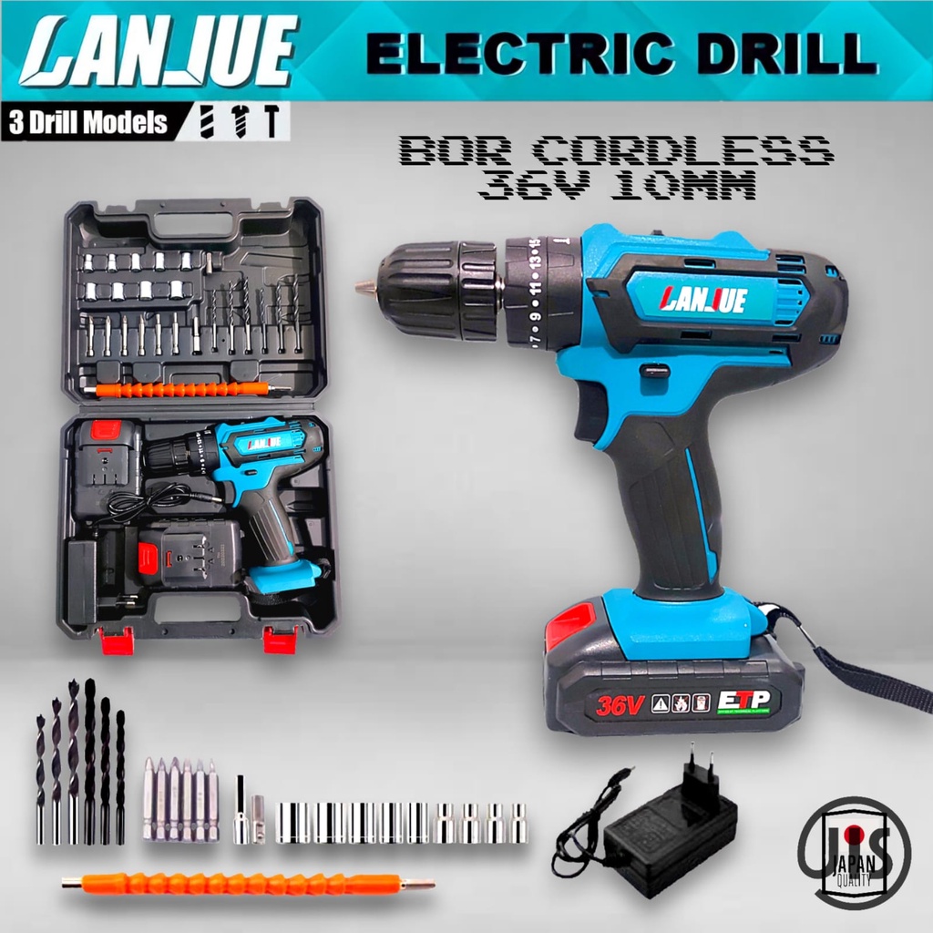 Jual Mesin Bor Baterai LANJUE 36V Cordless Impact Drill 10mm Hujia Set ...