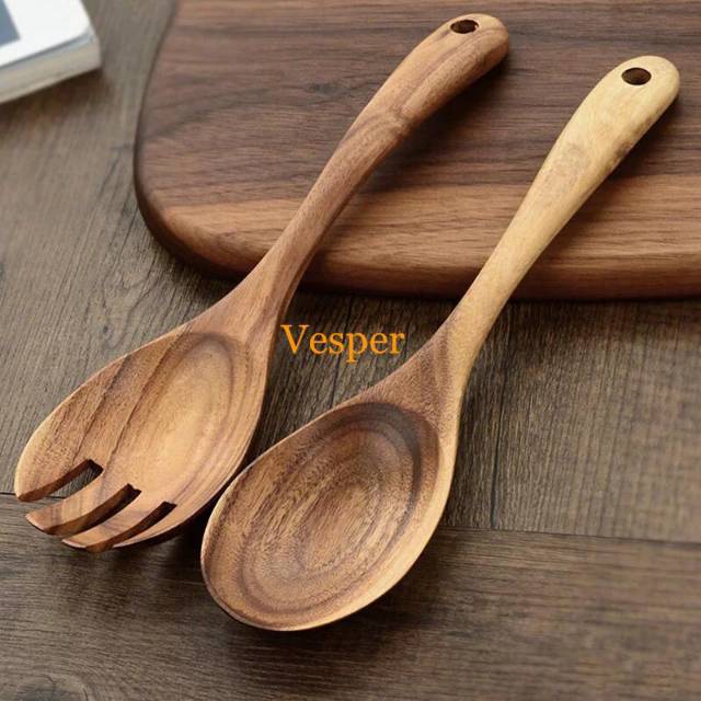 Jual Wooden big spoon fork salad set / sendok garpu kayu ukuran besar ...