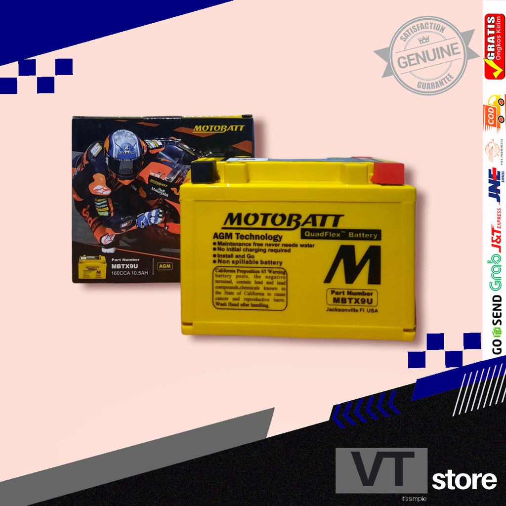 MBTX9U Motobatt AGM Motorcycle Battery 12v 10.5Ah 160CCA (YTX9-BS