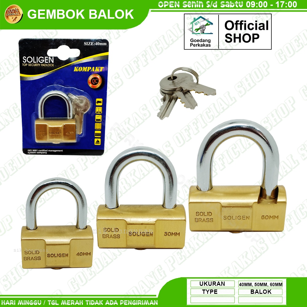 Jual Gembok Kuningan Model Balok Gembok Pagar Pintu Soligen 40mm 50mm