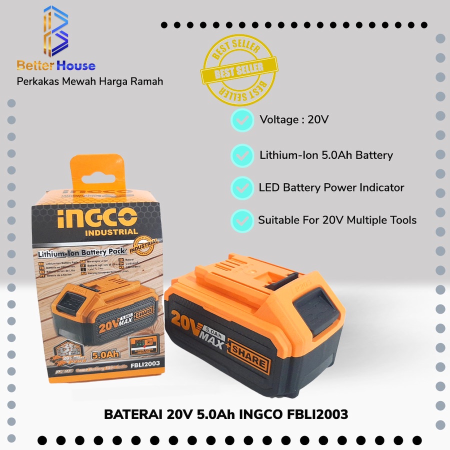 Jual BATERAI INGCO CORDLESS 20V 5.0AH LITHIUM-ION 5.0AH INGCO FBLI2003 ...