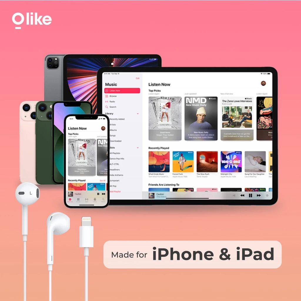 OLIKE HEADSET IPHONE LIGHTNING HANDSFREE WIRED EARPHONE MIC E12 - LIVE