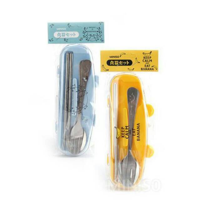 Jual MINISO THREE SETS TABLEWARE. Set sendok, garpu, sumpit + kotak