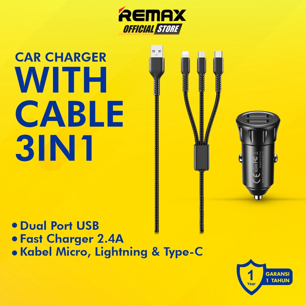 Jual Remax Vanguard RCC-236 Car Charger 2 Port + Kabel 3in1 Original ...