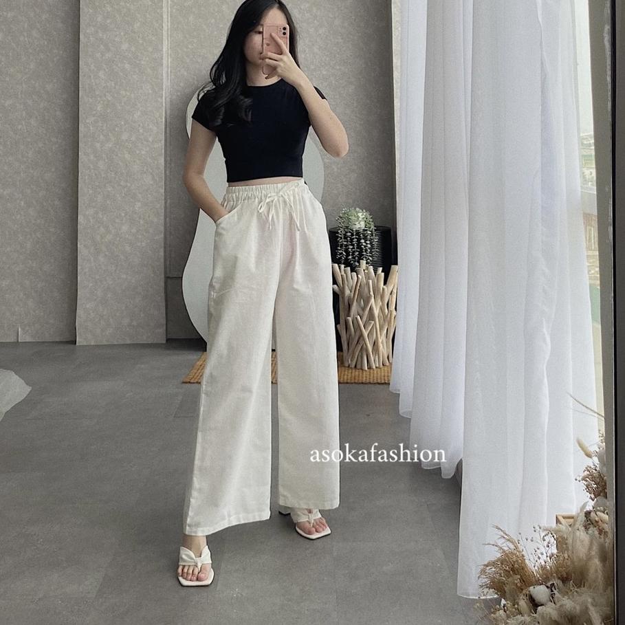 Jual Miliki Celana Kulot Linen Highwaist Pinggang Karet Wide Leg Cullote Shopee Indonesia