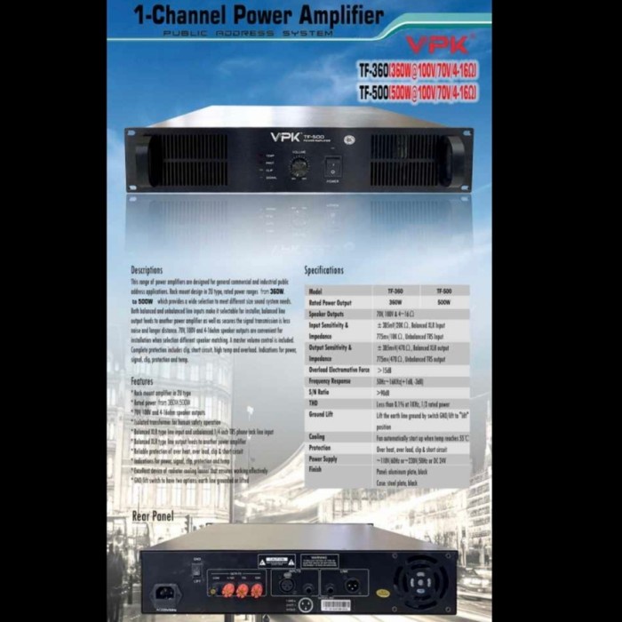 Jual Power Amplifier Matching VPK 1 Channel TF 500 500wat@100v/70v/4 ...
