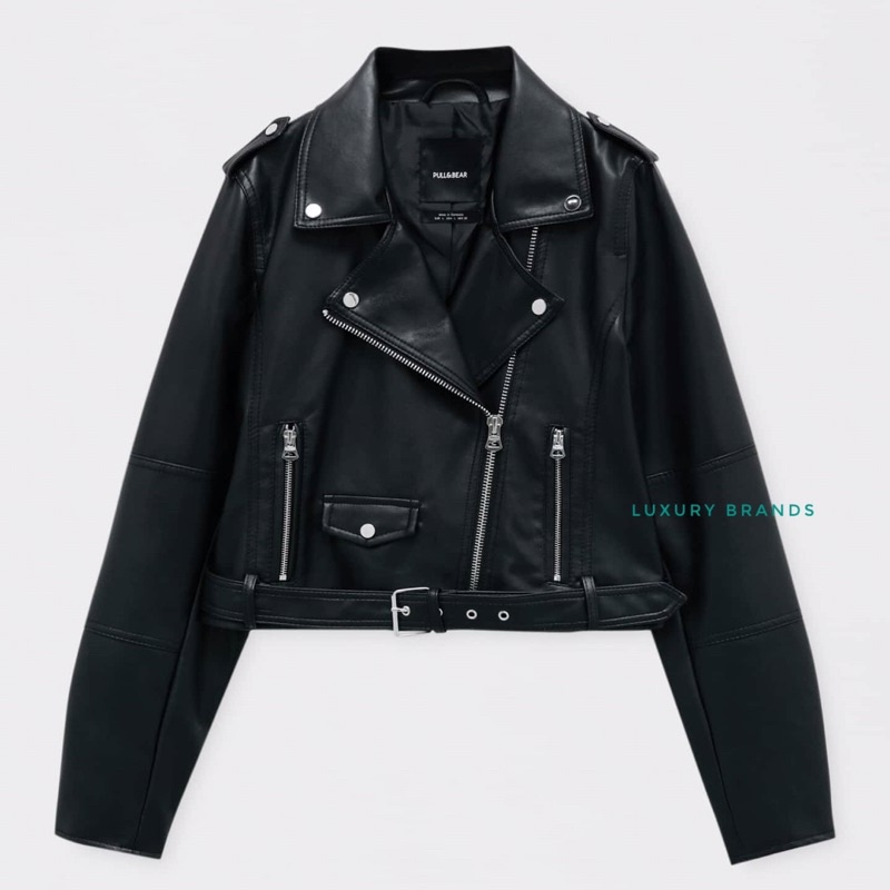 Jaket Kulit PULL AND BEAR Leather Biker Black Original