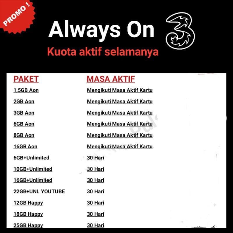 Jual Paket Data tri Always ON | Kuota Tri Unlimited (Inject) | Shopee ...