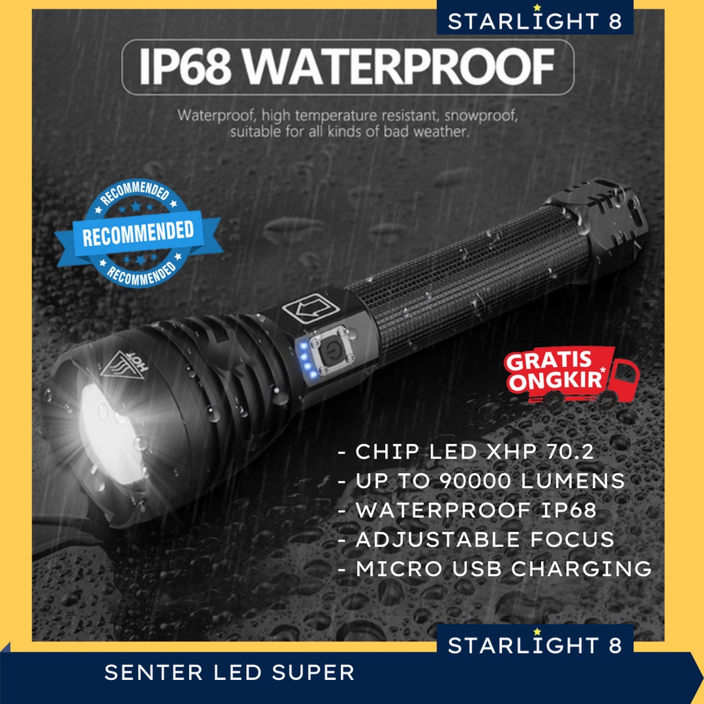 Jual TaffLED Senter LED XHP70.2 90000 Lumens ZOOM JARAK JAUH SUPER