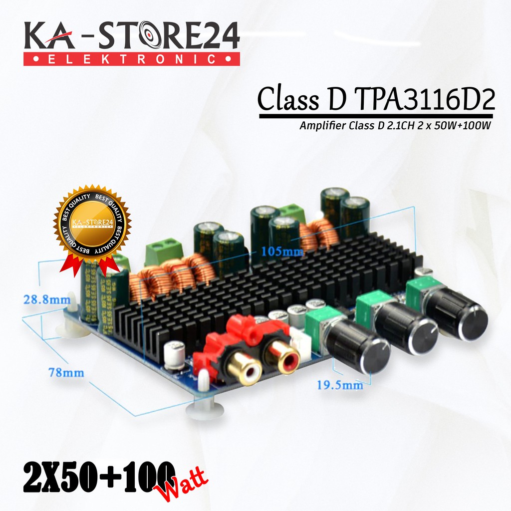 Jual Amplifier Class D 2.1CH 2x50W+100W with Tone TPA3116D2 Class D
