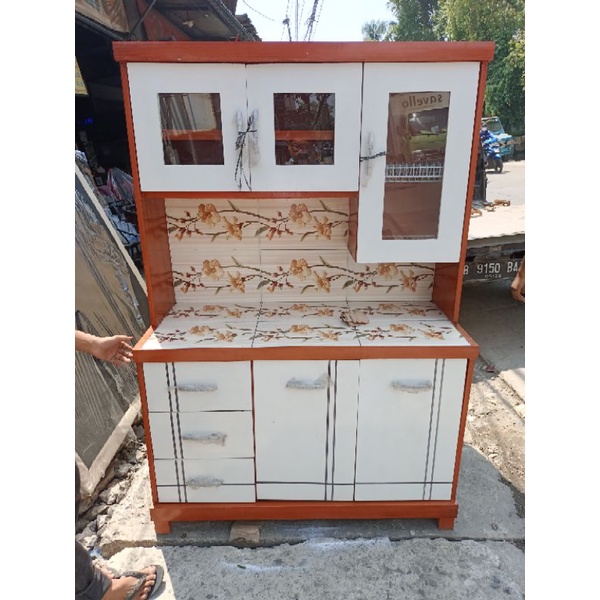 Jual Rak Piring Lemari Sayur Dapur Pintu Laci Kaca New Model Kayu