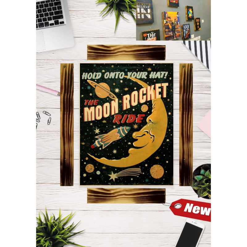 Jual Hiasan Dinding Moon Rocket//Poster Dinding Keren (Bahan Kayu