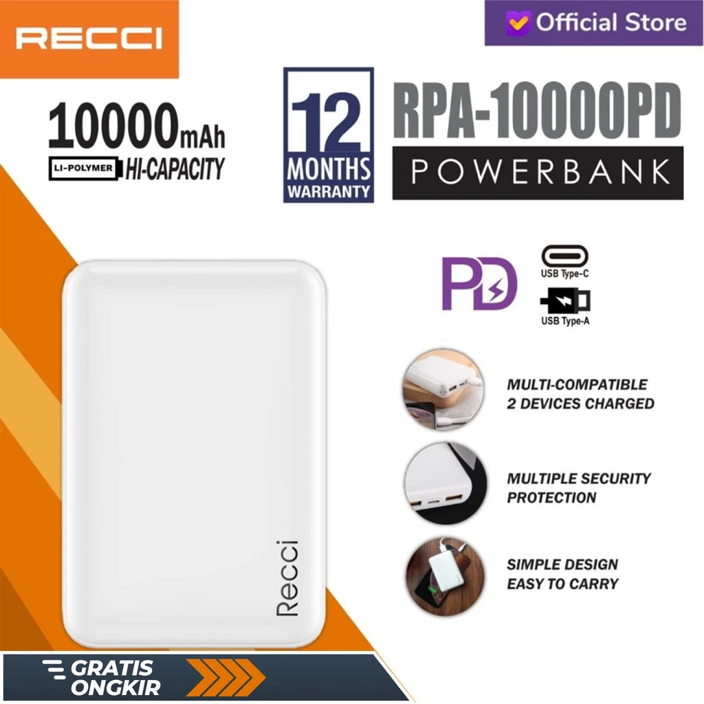 Powerbank RPA-10000PD Power Delivery 10000mAh Hitam/Putih