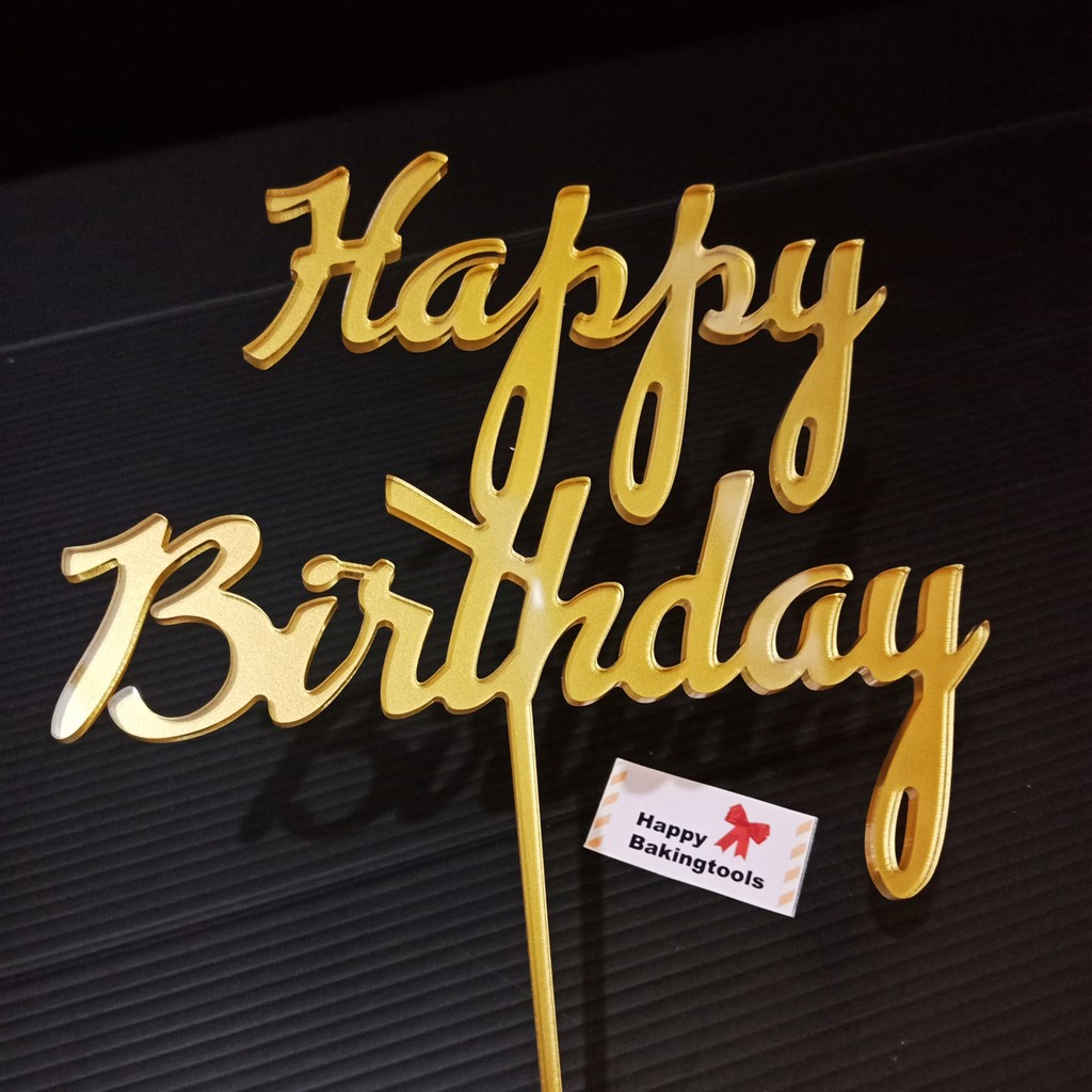 Jual Topper tusukan happy birthday acrylic gold, hiasan kue ultah gold
