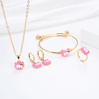 HYL JEWELRY 5pcs Kalung Titanium Set Anak Titanium Anti Karat Asli Perak Set Anting-Anting Berlapis Emas Couple Gelang Gadis Lucu Hello Kitty Hadiah Ulang Tahun Set Perhiasan 18K 20s