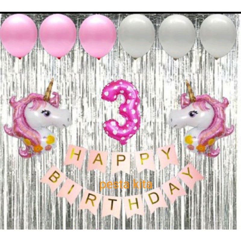 Jual Paket Dekorasi Happy Birthday Unicorn Banner Angka 2unicorn Mini Pink 1tirai Silver 6