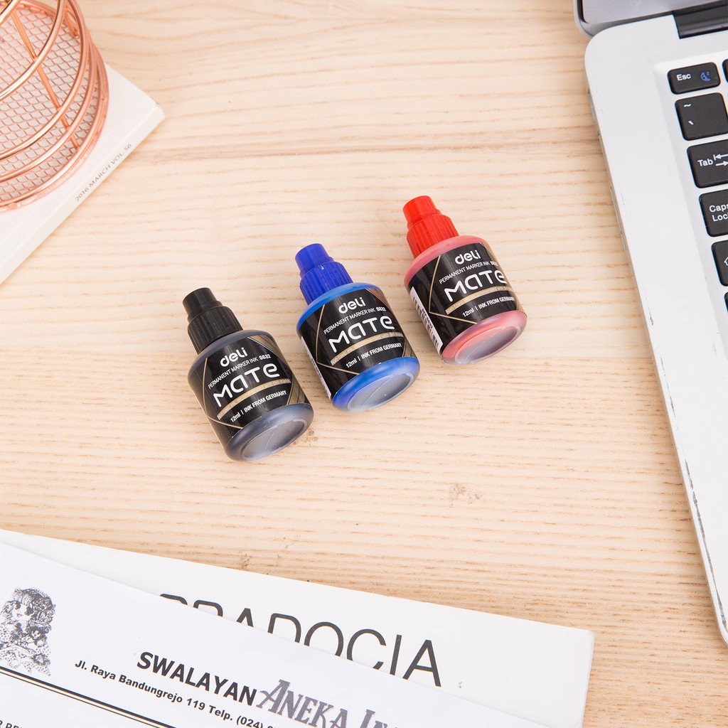 Deli Isi ulang tinta Spidol Permanen [12 mL] - Hitam Merah Biru Cepat Kering tahan air ES632 (9)