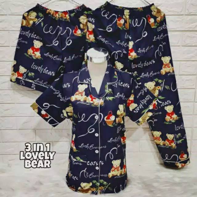 Baju tidur Motif Piyama Dewasa 3 in 1 / Baju Tidur IMPORT Lengan Pendek  baju rumah santai bahan katun