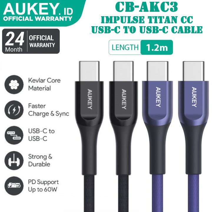 Jual AUKEY IMPULSE TITAN CC Series USB-C to USB-C Kevlar Cable CB-AKC3 ...