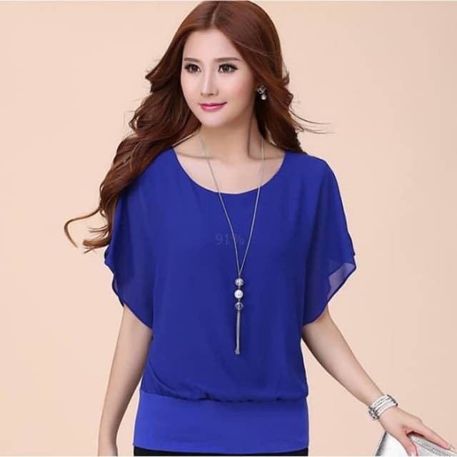 Jual Blus lengan pendek Sifon Model Korea Wing | Blouse Simple Modis ...