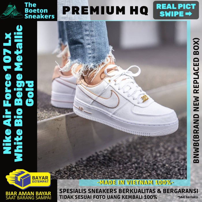 SEPATU SNEAKERS WANITA NIKE AIR FORCE 07 LX WHITE BIO BEIGE METALLIC GOLD  PREMIUM QUALITY