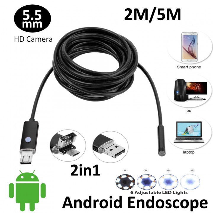 2M 6 LED USB Type C Waterproof Endoscope or Borescope Snake Inspection  Video Camera 5mm USB A PC or Android Samsung, LG