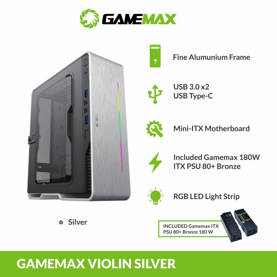 GameMax Violin Silver Ultra Slim Mini -I TX PC Case with LED Rainbow