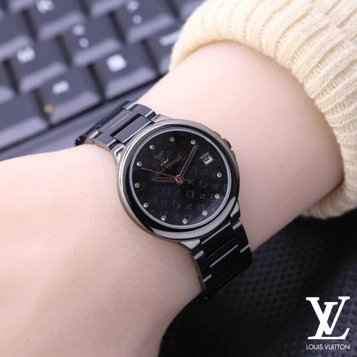 Jual Jam Tangan Wanita Cewek Louis Vuitton LV Logo Rantai Full Black