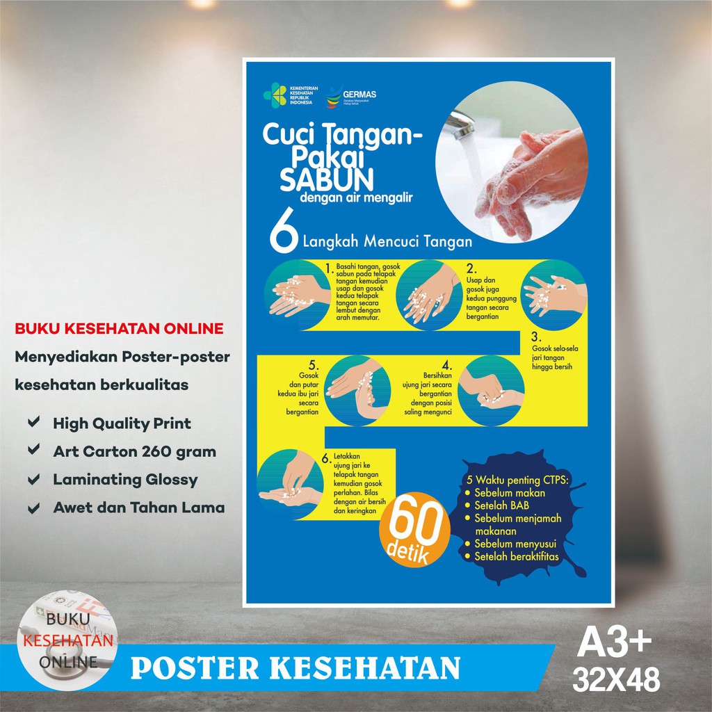 Jual Poster 6 Langkah Cuci Tangan Pakai Sabun Dengan Air Mengalir ...