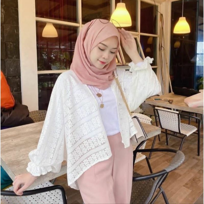 Jual Outer Pendek Burkat | Cardigan Brukat Crop Lengan Mermaid || Outer
