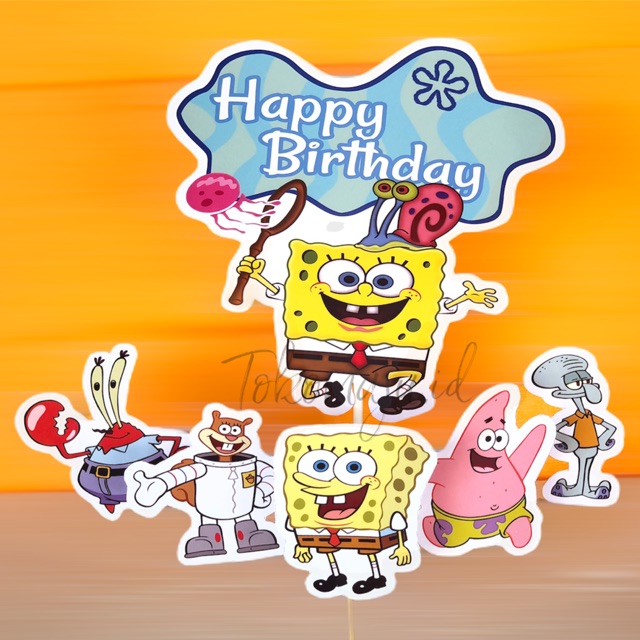 Jual Topper Kue Happy Birthday Spongebob/ Topper Kue Ulang Tahun